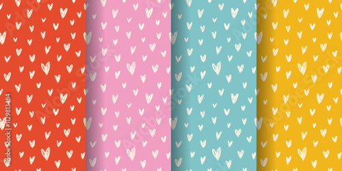 Set of seamless patterns with doodled hearts. Cream-white hearts on red, pink, blue, and yellow backgrounds. Ideal for Valentine's Day projects, wrapping paper, or textiles.