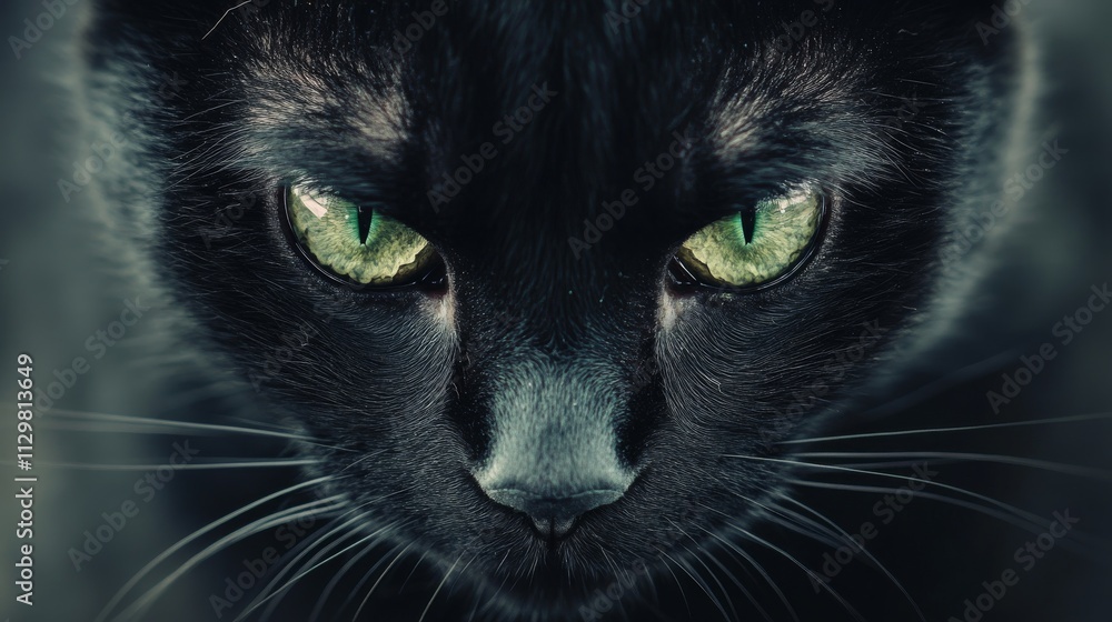 A striking close-up of a black cat's face, with vivid green eyes staring intently at the camera. The detailed fur and intense gaze create a captivating and mysterious feel, perfect for animal lovers A striking close-up of a black cat's face, with vivid green eyes staring intently at the camera. The detailed fur and intense gaze create a captivating and mysterious feel, perfect for animal lovers