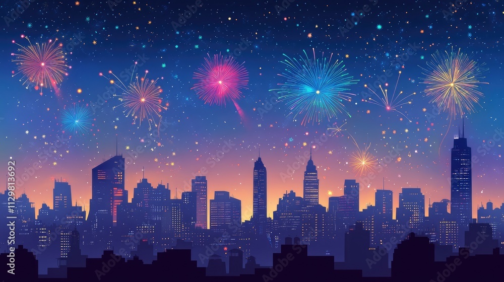 of Festival fireworks display over the city at night scene. Abstract colorful firework display for holiday and celebrations in the starry night sky, Copy space for text. of Festival fireworks display over the city at night scene. Abstract colorful firework display for holiday and celebrations in the starry night sky, Copy space for text.