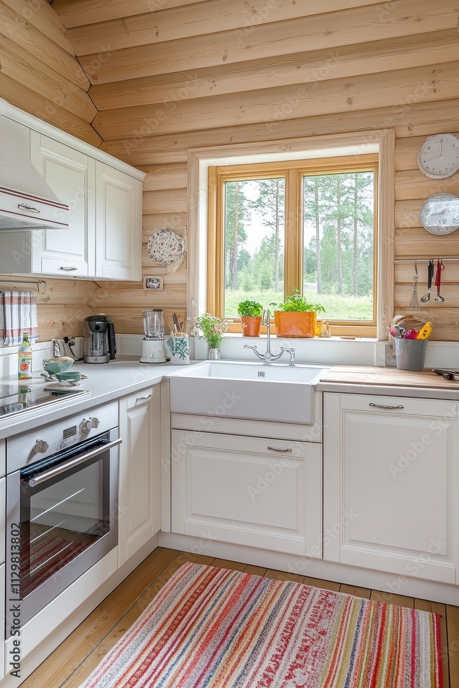 Fototapeta premium Rustic White Kitchen With Wooden Walls And Window View