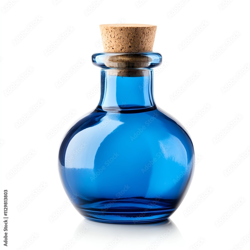 Blue glass bottle with natural cork stopper on white isolated background. Blue glass bottle with natural cork stopper on white isolated background.