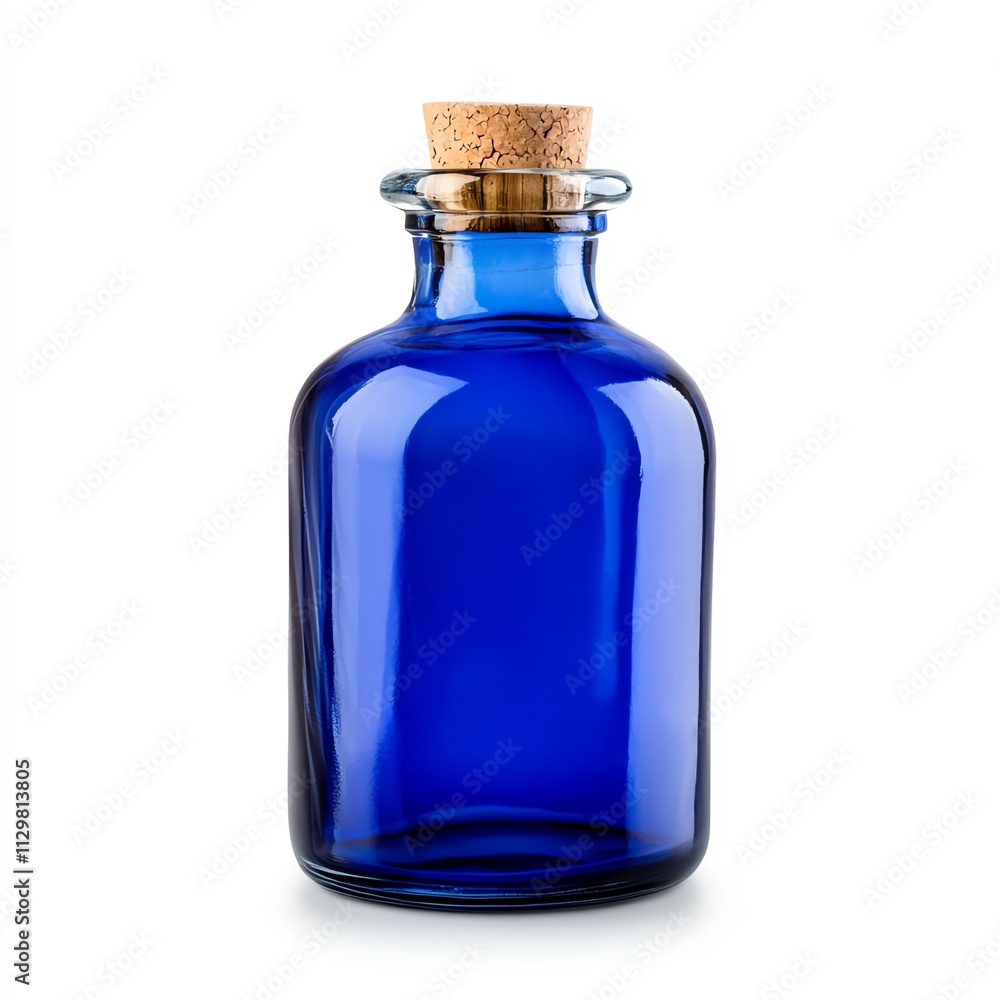 Blue glass bottle with cork stopper, white isolated background. Blue glass bottle with cork stopper, white isolated background.