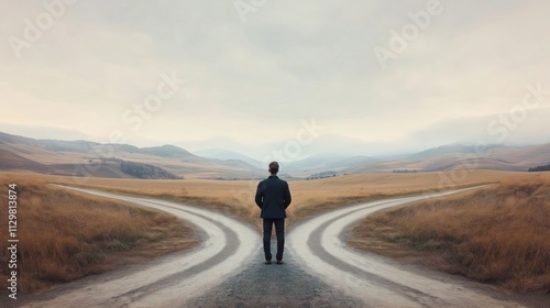 Man stands at crossroads in rural landscape. Uncertain day. Choices of paths. Decision making. Vast landscape. Empty road. Life choices. Future uncertain.