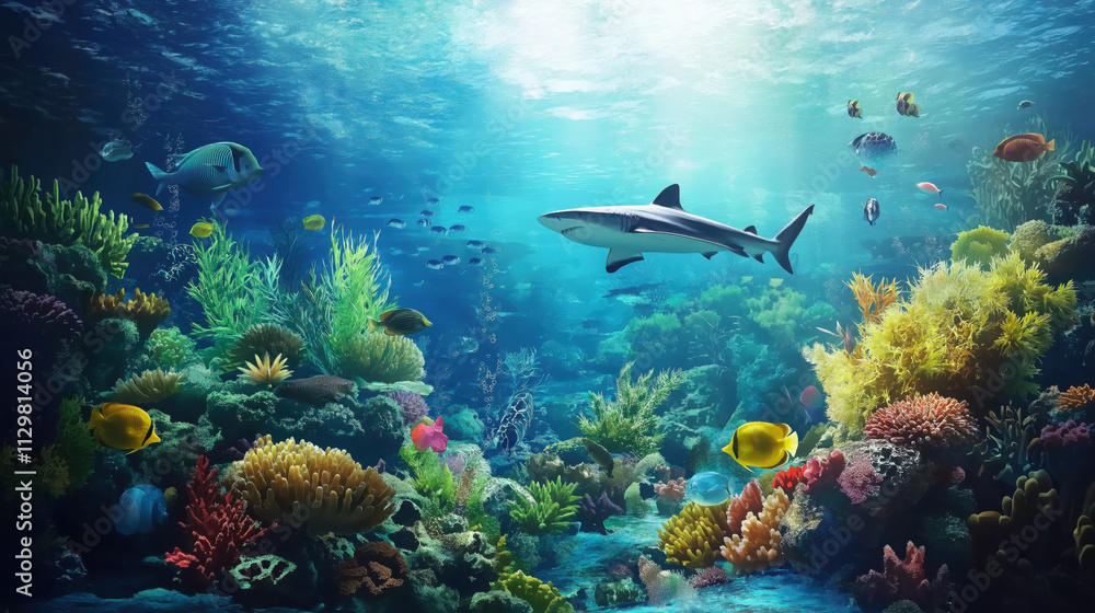 Fototapeta premium Beautiful Underwater Scenery with Various Types of Fish, Coral Reefs, and Green Plants