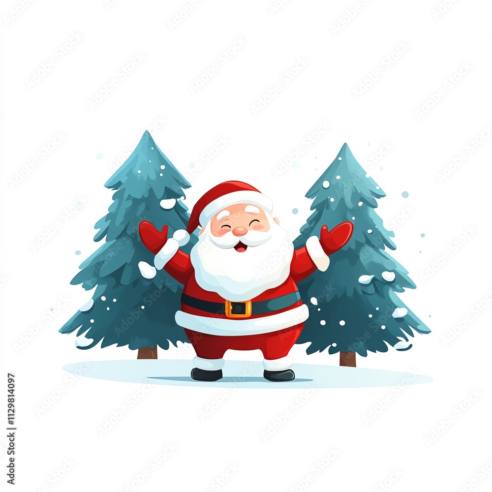 Cheerful Santa Claus with snow, standing between two pine trees. Cheerful Santa Claus with snow, standing between two pine trees.