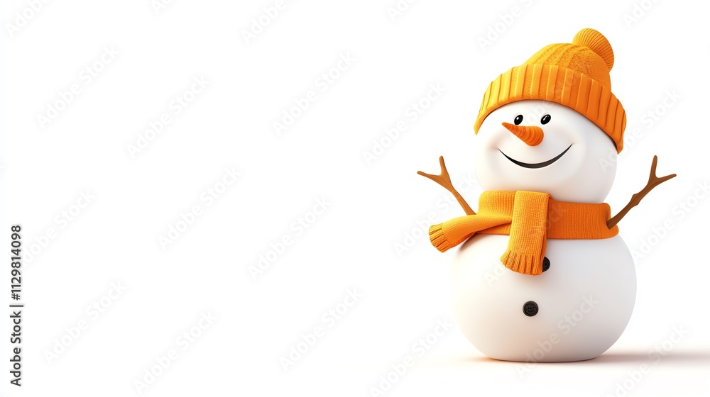 Cheerful snowman in orange hat and scarf, white isolate background. Cheerful snowman in orange hat and scarf, white isolate background.