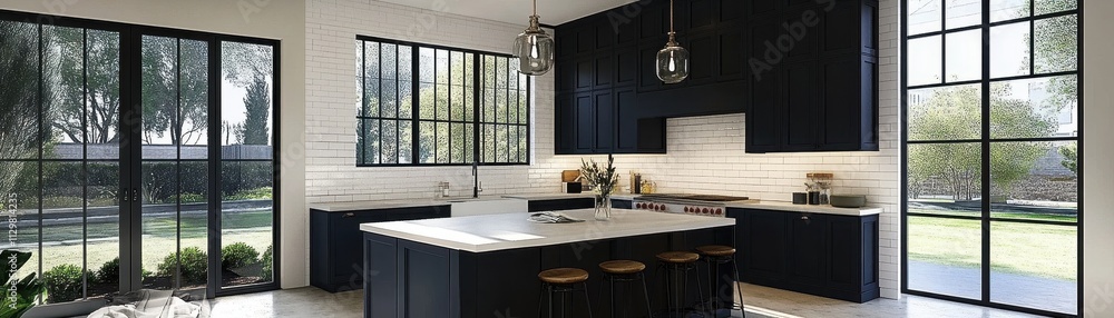 Fototapeta premium Modern Farmhouse Kitchen Island Design With Dark Cabinets