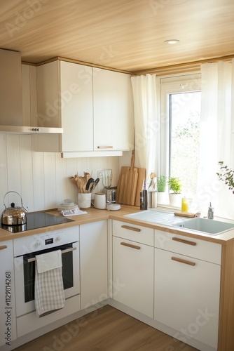 Bright Modern Kitchen With White Cabinets And Wood Accents