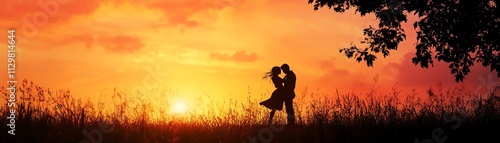 Couple embracing during sunset in a serene outdoor setting, romantic moment captured.