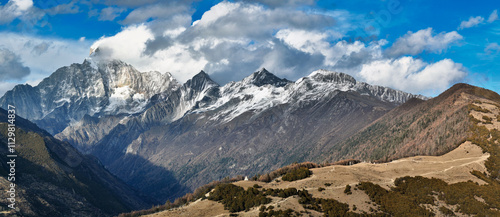 Aerial panoramic view Siguniang Mountains in the Tibetan Plateau in West Sichuan, China photo