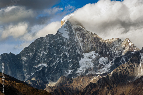 Aerial panoramic view Siguniang Mountains in the Tibetan Plateau in West Sichuan, China photo