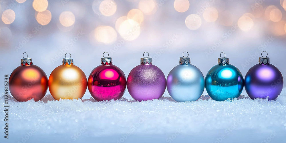 Beautiful shiny Christmas ball banner arranged in a row on fresh white winter snow with a backdrop of sparkling lights Beautiful shiny Christmas ball banner arranged in a row on fresh white winter snow with a backdrop of sparkling lights