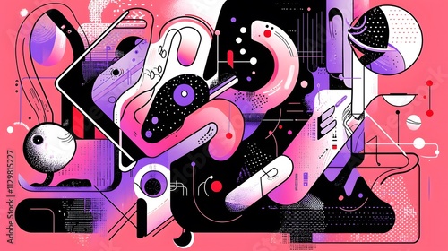 Abstract pink, purple, and black geometric shapes and lines.