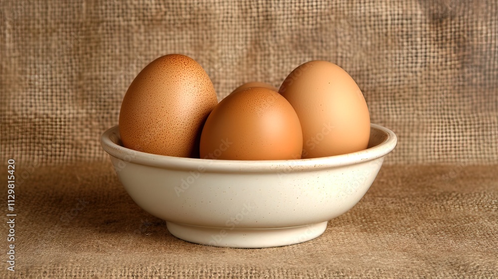 Three brown eggs in a white bowl on burlap. Three brown eggs in a white bowl on burlap.