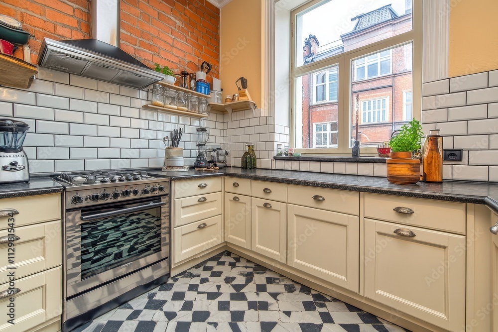 Fototapeta premium Classic Kitchen Design With Brick Accents And Modern Appliances