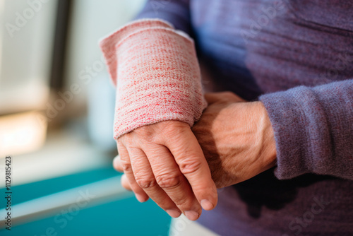 Bandaged wrist of a person suffering from tendinitis due to overuse of the wrist. photo