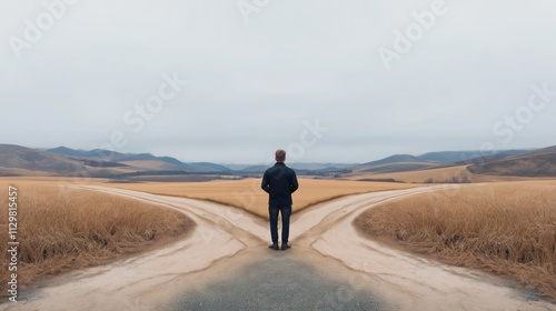 Man stands at crossroads. Uncertain day. Vast landscape stretches out before. Life choices. Decision making. Path ahead unclear. Concept of uncertainty. Autumnal fields. Two paths diverging. photo