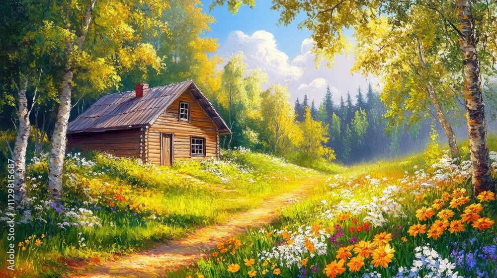 Oil painting on canvas summer landscape with wooden old house, beautiful flowers and trees. Oil painting on canvas summer landscape with wooden old house, beautiful flowers and trees.