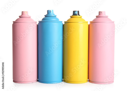 Different spray paint cans on white background