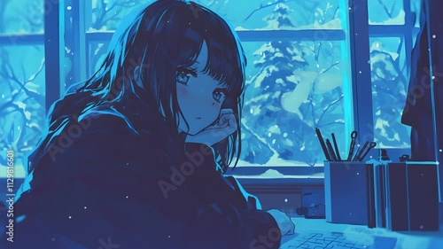 Animation lofi. girls in the room anime style, winter vibe cold ambient snow effect