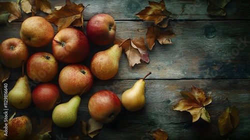 Autumn Apples Pears And Dried Leaves On Wood photo