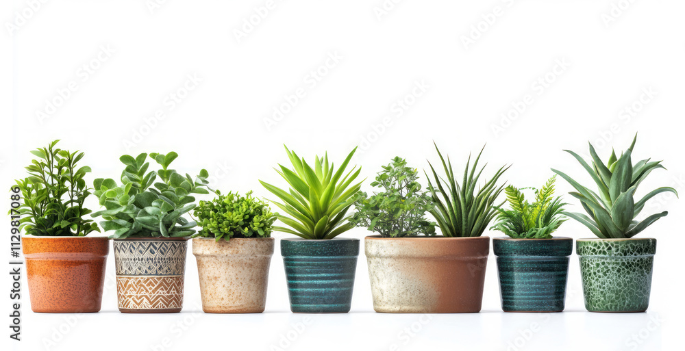 Small potted plants creating a green line with copyspace Small potted plants creating a green line with copyspace