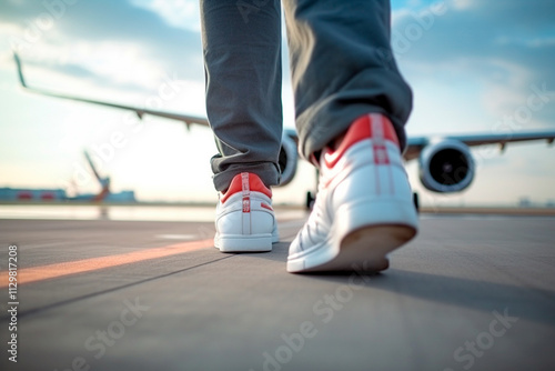 Detailed shot of gentleman's shoes against airport runway with blurred airplane. photo