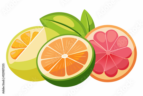  pieces of pink grapefruit lemon , orange vector art illustration 