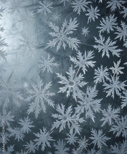 Frosty windowpane with ice crystals forming a delicate pattern on the glass, frost, crystal, pattern