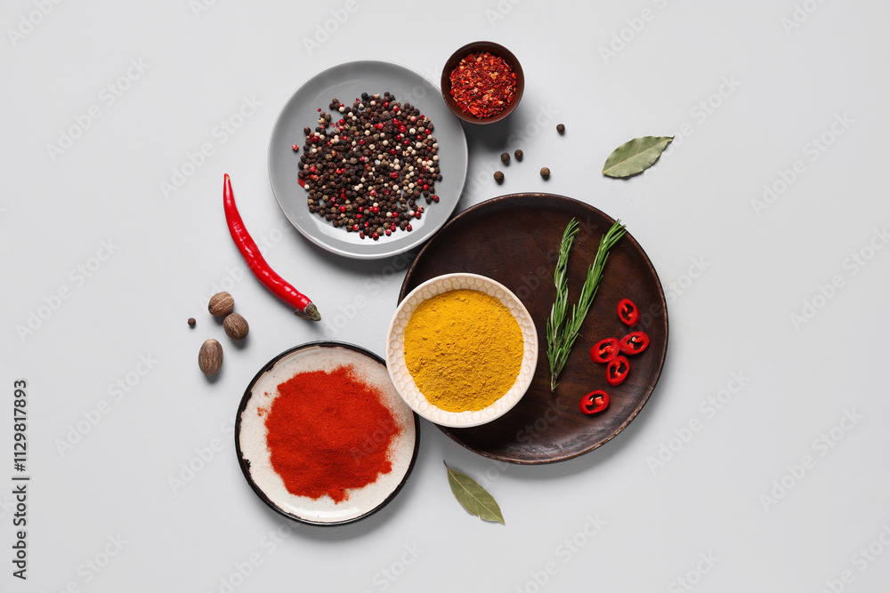 Composition with fresh aromatic spices on grey background Composition with fresh aromatic spices on grey background