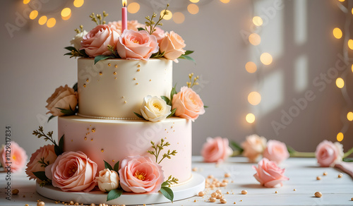 Romantic two-tier cake with soft pink and ivory tones, adorned with realistic sugar roses, gold accents, and glowing fairy lights for a dreamy celebration setting. photo