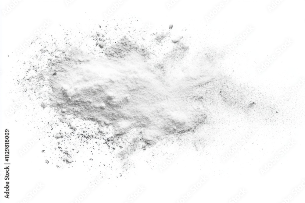 White Powder Explosion: A Close-Up Study of Texture and Dispersion on White Background White Powder Explosion: A Close-Up Study of Texture and Dispersion on White Background
