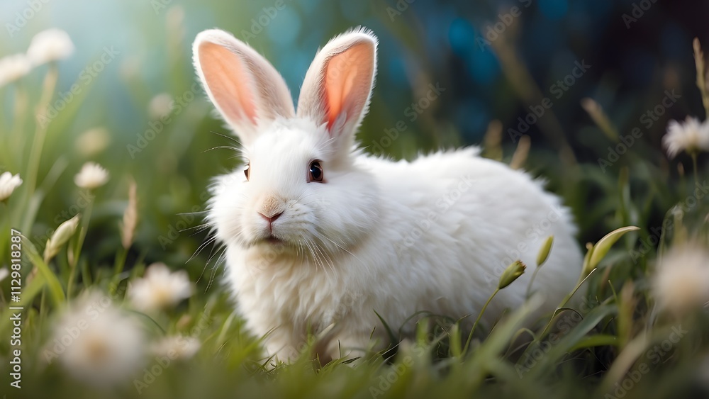 A fluffy white rabbit on the grass A fluffy white rabbit on the grass