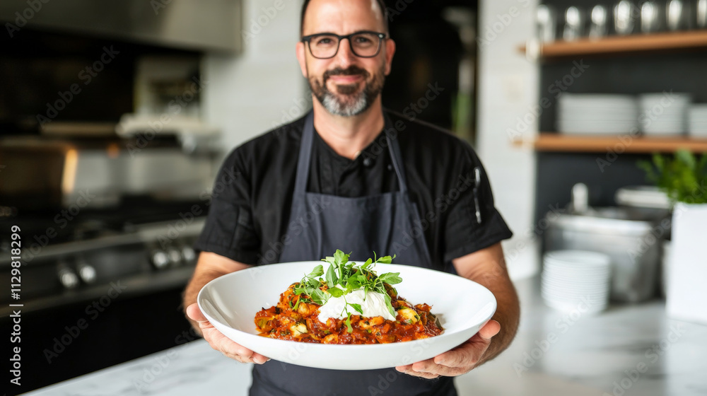 Chef presenting dish with fresh herbs in modern kitchen Chef presenting dish with fresh herbs in modern kitchen