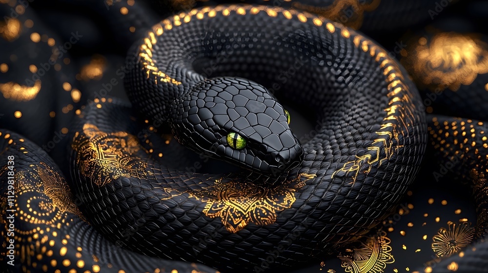 Fototapeta premium Captivating Black Snake with Golden Patterns in Serene Natural Habitat Macro Photography Wildlife Close-Up View