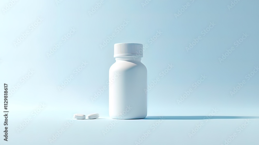 White pill bottle and two pills on a light blue background. White pill bottle and two pills on a light blue background.