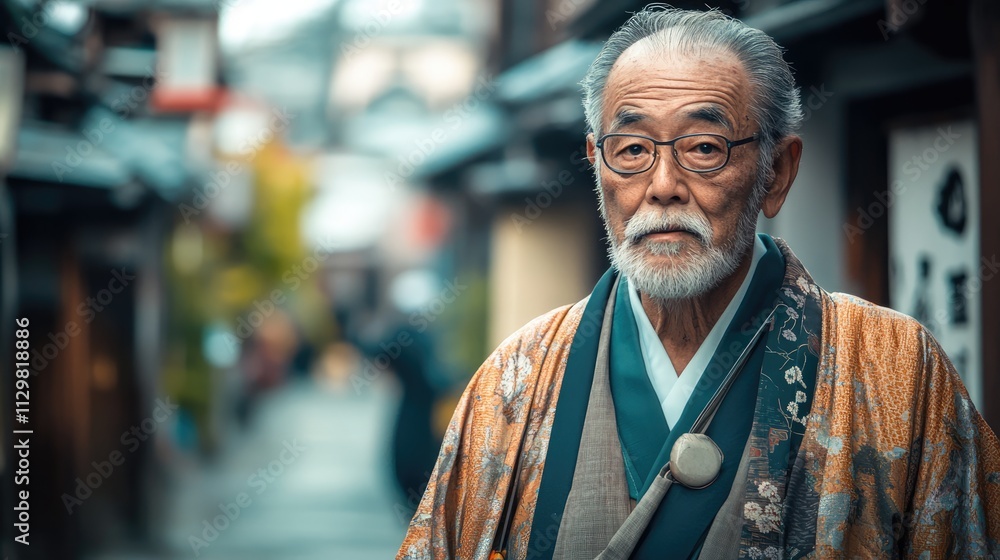 Old man japanese kimono street house. Old man japanese kimono street house.