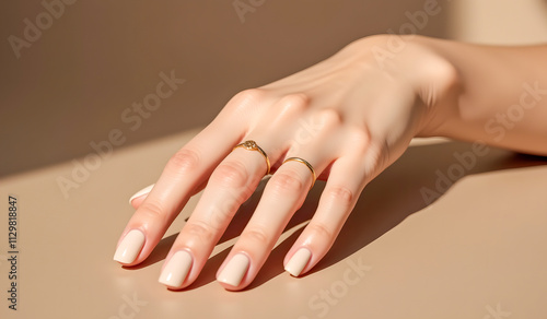 A close-up of a hand with neatly manicured nails and two elegant gold rings, resting on a smooth beige surface under soft lighting. photo