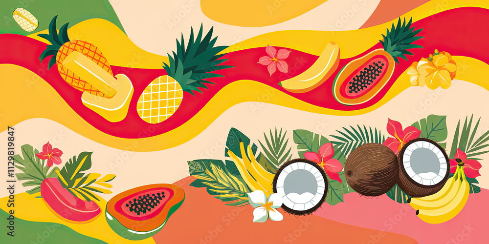 Naklejka premium Tropical Fruits Summer Design Pineapple Banana Papaya Coconut Floral Background