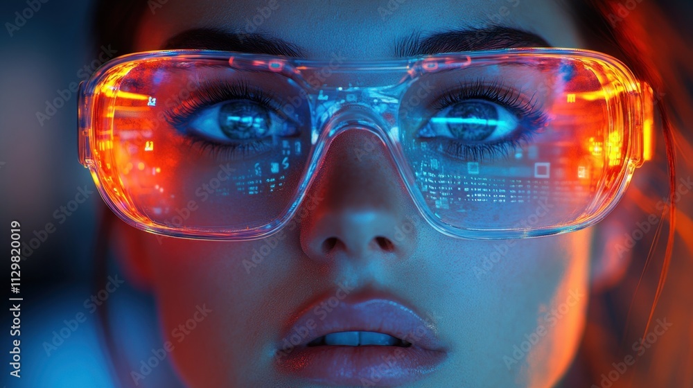 Futuristic Woman Using Augmented Reality Glasses in Laboratory for Medical Research and Data Analysis Futuristic Woman Using Augmented Reality Glasses in Laboratory for Medical Research and Data Analysis