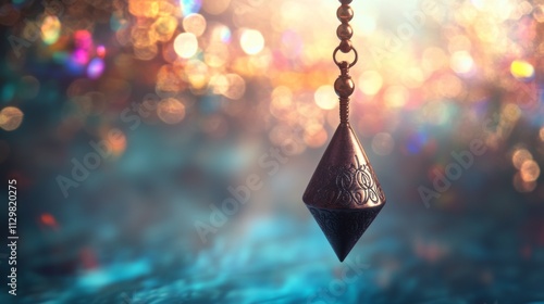 A close-up of an intricately carved metallic pendulum suspended on a delicate chain, set against a vibrant abstract background with colorful bokeh lights. The soft focus adds a mystical and dreamlike