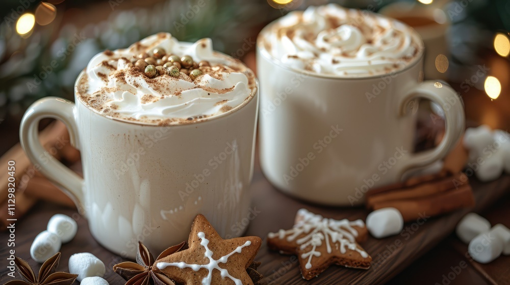 Two mugs of creamy hot chocolate topped with whipped cream, cinnamon, and sprinkles, served with gingerbread cookies and marshmallows. Two mugs of creamy hot chocolate topped with whipped cream, cinnamon, and sprinkles, served with gingerbread cookies and marshmallows.