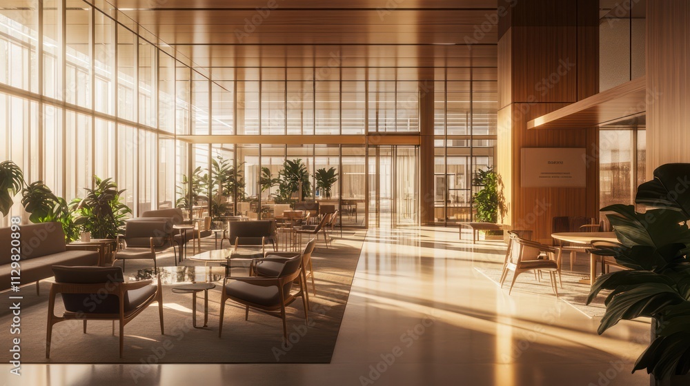 Modern office interior with natural light and plants Modern office interior with natural light and plants