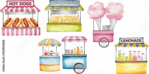 Watercolor Food Stalls Hot Dogs Popcorn Cotton Candy Lemonade