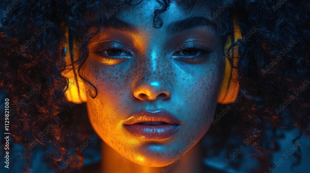 Happy girl with curly hair wearing yellow headphones enjoying music and audio against a blue backdrop in a studio Happy girl with curly hair wearing yellow headphones enjoying music and audio against a blue backdrop in a studio