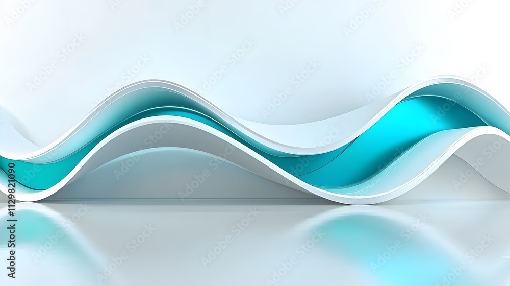 Obraz premium Abstract wavy teal and white shapes on reflective surface.