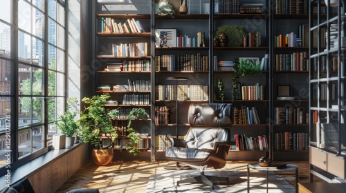 A modern loft library with metal and wood shelves, a minimalist reading chair