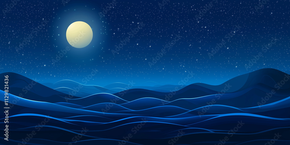 Obraz premium Bright Full Moon and Twinkle Stars in Dark Blue Night Sky Banner. Abstract image of brilliant full moon and glowing stars in the dark blue night sky for background, banner or poster