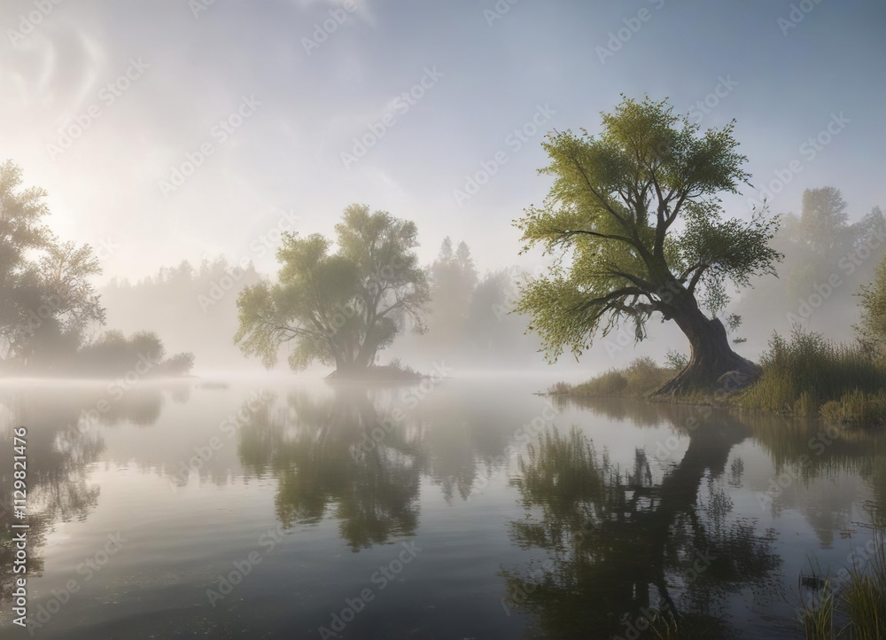 Misty morning fog rolling over the tranquil Willow Lake, mist, water, serene, landscape, foggy Misty morning fog rolling over the tranquil Willow Lake, mist, water, serene, landscape, foggy