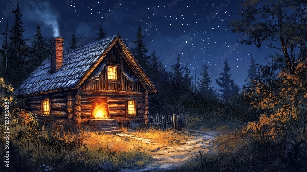 old wooden house with a fireplace in the night old wooden house with a fireplace in the night